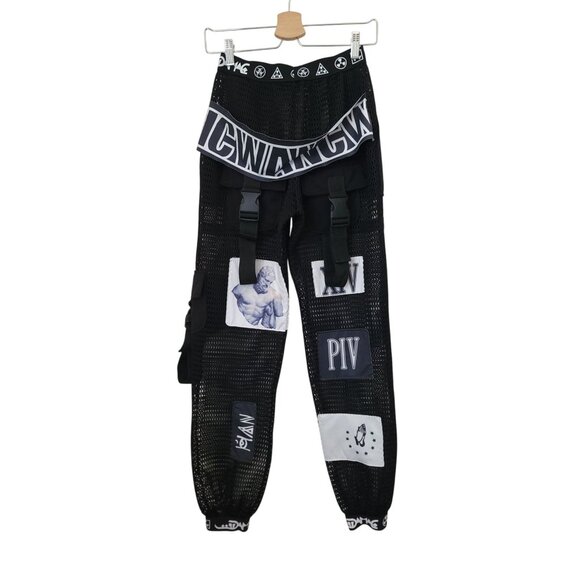 Black Mesh Streetwear Hip Hop Patchwork Cargo Pants w/ Buckle Detail Unisex Sz M - Picture 4 of 12